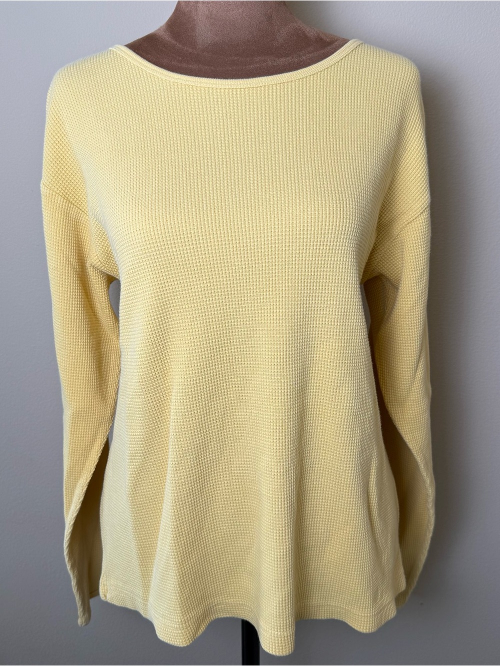 Vintage 90s Eddie Bauer Waffle Knit Thermal Shirt Womens Medium Yellow Top